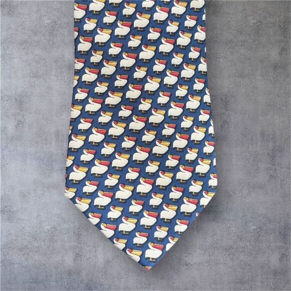 Salvatore Ferragamo Men's Blue Silk Tie Duck Pelican Animal Print - Picture 1 of 7